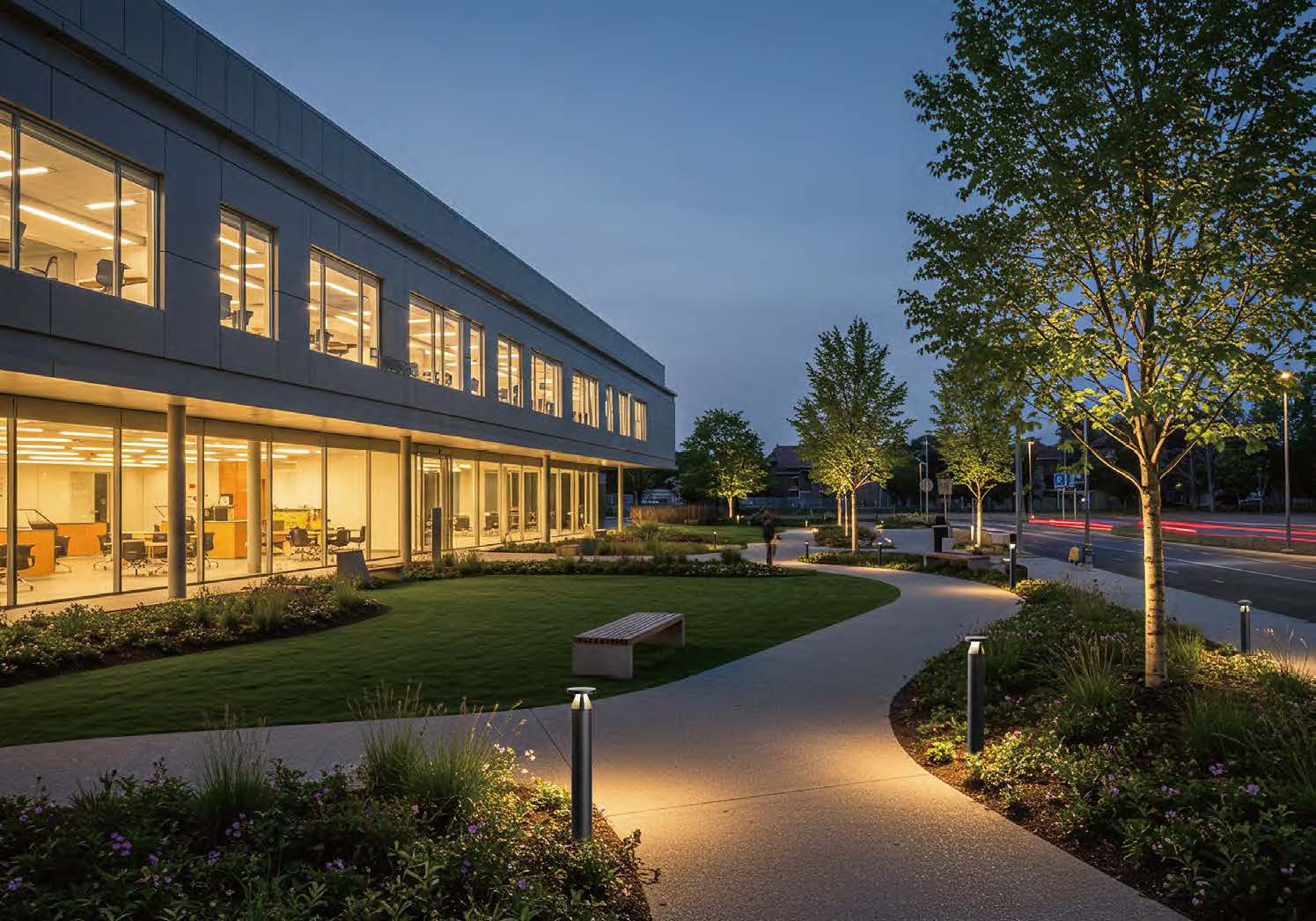 Bollard lighting in the grounds of a commercial building
