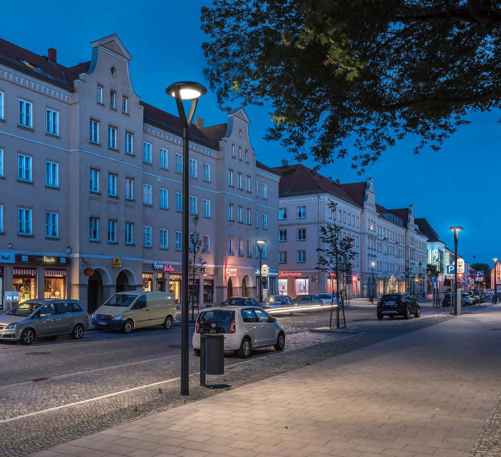Urban luminaires in a pedestrian streetscape