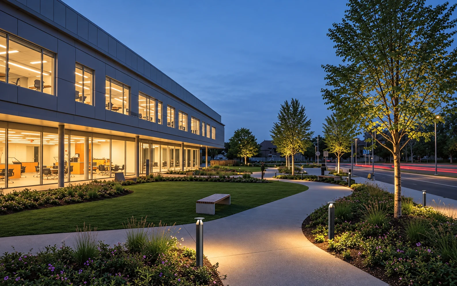 Bollard lighting outside a commercial building