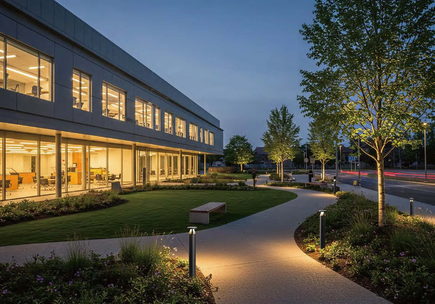 Bollard lighting along a landscaped approach to a commercial building