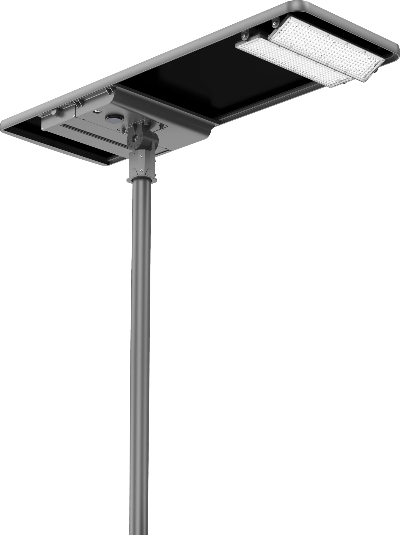 Integrated solar luminaire with panel and LED fitting